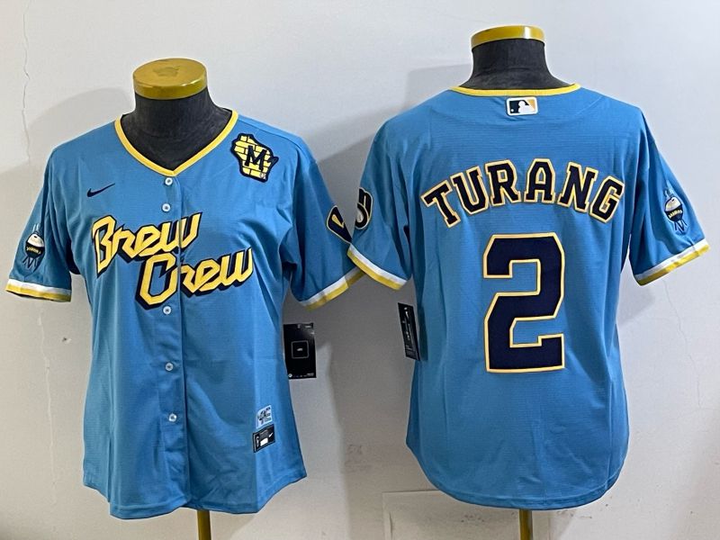 Women 2025 Milwaukee Brewers #2 Turang Light blue City Edition Nike MLB Jersey 03->women mlb jersey->Women Jersey
